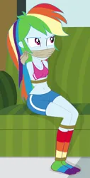 Size: 2000x3944 | Tagged: safe, artist:nie-martw-sie-o-mnie, derpibooru import, part of a set, rainbow dash, human, equestria girls, g4, belly, belly button, bondage, cloth gag, clothes, couch, dashsub, female, femsub, gag, hands behind back, image, png, rainbow socks, rope, rope bondage, shorts, sitting, socks, sports bra, striped socks, submissive