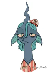 Size: 575x767 | Tagged: safe, artist:emptygoldstudio, derpibooru import, queen chrysalis, changeling, changeling queen, alternate design, alternate universe, bust, clothes, female, floppy ears, frown, hat, image, lidded eyes, png, signature, simple background, solo, uniform, white background