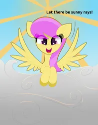 Size: 3000x3800 | Tagged: safe, artist:scandianon, derpibooru import, sunny rays, pegasus, pony, cloud, female, happy, image, jpeg, looking at you, mare, open mouth, open smile, outdoors, smiling, spread wings, sun, talking, talking to viewer, wings