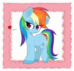 Size: 2439x2341 | Tagged: safe, artist:scandianon, derpibooru import, rainbow dash, pegasus, pony, g4, female, full body, heart, image, jpeg, lidded eyes, looking at you, mare, passepartout, raised leg, simple background, smiling, tilde