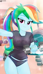 Size: 576x986 | Tagged: safe, artist:charliexe, derpibooru import, rainbow dash, human, equestria girls, g4, 2d, bangs, bedroom eyes, breasts, clothes, ear piercing, earring, female, gym, hairband, image, indoors, jewelry, jpeg, legs, lidded eyes, looking at you, multicolored hair, piercing, ponytail, rainbow hair, shirt, short sleeves, sideburns, smiling, smiling at you, solo, sports panties, thighs, weights