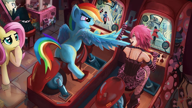 Size: 3840x2160 | Tagged: safe, artist:angelss, derpibooru import, fluttershy, rainbow dash, human, pegasus, pony, arcade, arcade cabinet, claw machine, clothes, controller, crossover, dress, female, image, joystick, jpeg, kirin kanda, lessons in love (visual novel), missing cutie mark, mobile phone, noriko nakayama, phone, spread wings, striped sleeves, wings