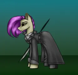 Size: 2800x2700 | Tagged: safe, artist:darklight1315, derpibooru import, oc, oc:melony trust, unofficial characters only, earth pony, pony, fallout equestria, blade, clothes, concept art, fallout equestria: mayday, image, png, shirt, solo, trenchcoat