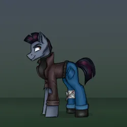 Size: 3000x3000 | Tagged: safe, artist:darklight1315, derpibooru import, oc, oc:striker, unofficial characters only, earth pony, pony, fallout equestria, bandage, boots, clothes, concept art, denim, fallout equestria: mayday, image, jacket, jeans, leather, leather jacket, pants, png, shoes, sideburns, solo, sweater, turtleneck