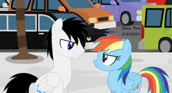 Size: 2233x1210 | Tagged: safe, artist:creedyboy124, derpibooru import, rainbow dash, oc, oc:shane park, pegasus, pony, g4, background, base used, canon, car, female, image, male, mare, pegasus oc, png, sidewalk, stallion, wings