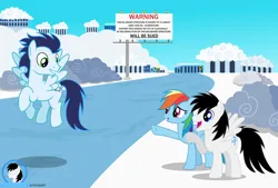 Size: 10000x6774 | Tagged: safe, artist:creedyboy124, derpibooru import, rainbow dash, soarin', oc, oc:shane park, pegasus, pony, g4, background, base used, billboard, building, canon, cloudsdale, female, flying, image, male, mare, pegasus oc, png, stallion, stallion oc, vector used, wings