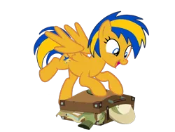 Size: 2048x1536 | Tagged: safe, artist:mlpfan3991, artist:ry-bluepony1, derpibooru import, oc, oc:flare spark, pegasus, pony, g4, daring do costume, female, image, mare, png, simple background, solo, suitcase, transparent background