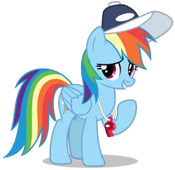 Size: 4609x4480 | Tagged: safe, artist:creedyboy124, derpibooru import, rainbow dash, pegasus, pony, g4, accessory, base used, canon, coach rainbow dash, female, happy, hat, image, mare, png, simple background, solo, solo female, whistle, whistle necklace