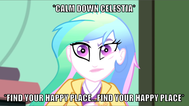 Size: 1065x600 | Tagged: safe, derpibooru import, edit, edited screencap, editor:twi clown, screencap, princess celestia, human, eqg summertime shorts, equestria girls, g4, subs rock, caption, eye twitch, image, image macro, my little pony equestria girls: summertime shorts, png, principal celestia, snaplestia, solo, text