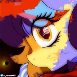 Size: 3070x3070 | Tagged: safe, artist:juniverse, derpibooru import, oc, oc:juniverse, earth pony, image, looking at you, png, ribbon, solar form, solo, space, space pony, stars, universe daughter