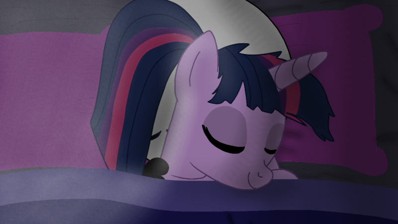 Size: 1280x720 | Tagged: safe, artist:cooperthedoodlian, derpibooru import, twilight sparkle, twilight sparkle (alicorn), oc, alicorn, pony, g4, bed, blanket, cooper doodlian, cuddling, cute, dark, doodland, eyeshadow, female, hug, hugging a pony, image, love, makeup, mare, night, non-mlp oc, on bed, pillow, png, ponytail, ship:twicoop, shipping, snuggling, twiabetes, winghug, wings