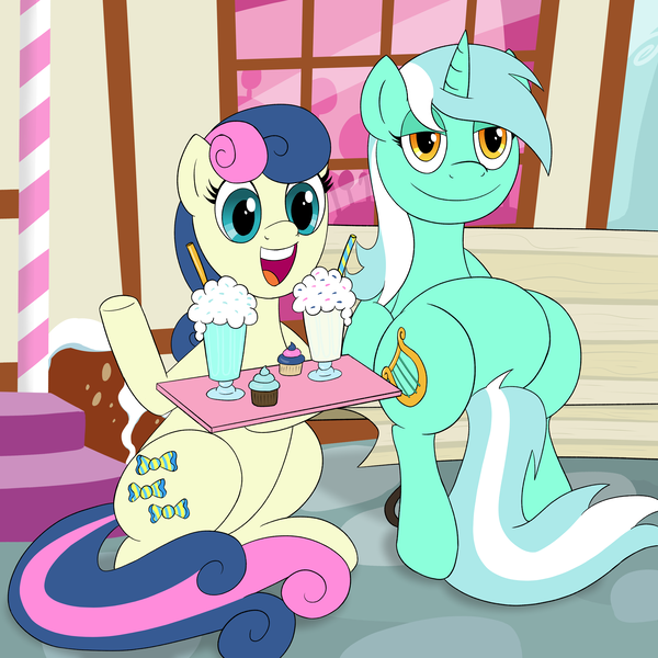 Size: 4000x4000 | Tagged: safe, artist:ligmire, derpibooru import, bon bon, lyra heartstrings, sweetie drops, earth pony, pony, unicorn, g4, bench, cupcake, detailed background, drink, duo, duo female, female, food, horn, image, lesbian, lyrabon, mare, meme, milkshake, png, ponyville, shipping, sitting, sitting lyra, smiling, sugarcube corner