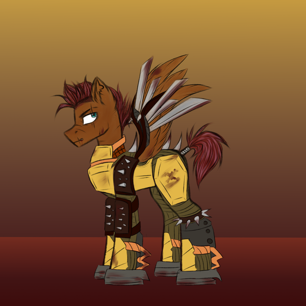 Size: 3000x3000 | Tagged: safe, artist:darklight1315, derpibooru import, oc, oc:shlam, unofficial characters only, pegasus, pony, fallout equestria, armor, blade, eye scar, facial scar, fallout equestria: mayday, image, png, raider armor, scar, solo, spikes, weapon, wingblade