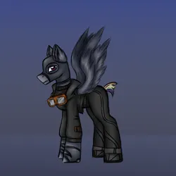 Size: 3000x3000 | Tagged: safe, artist:darklight1315, derpibooru import, oc, oc:sluggish rain, unofficial characters only, pegasus, pony, fallout equestria, aviator goggles, balaclava, boots, clothes, concept art, fallout equestria: mayday, gloves, goggles, image, jacket, pants, png, rainbow tail, shoes, solo, spread wings, sweater, tail, turtleneck, wings