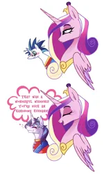 Size: 1204x1920 | Tagged: safe, artist:rachel-morrigan, derpibooru import, princess cadance, shining armor, alicorn, pony, unicorn, blushing, compliment, duo, female, folded wings, horn, i'm not calling you good boy, image, jewelry, jpeg, male, mare, meme, messy mane, peytral, praise, ship:shiningcadance, shipping, simple background, stallion, straight, the bride and the ugly ass groom, tiara, white background, wings