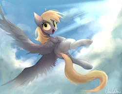 Size: 1714x1315 | Tagged: safe, artist:unclechai, derpibooru import, derpy hooves, pegasus, pony, g4, background pony, blushing, cloud, cute, featureless crotch, female, flying, image, lineless background, looking at you, looking back, looking back at you, png, sky, solo, spread wings, wings