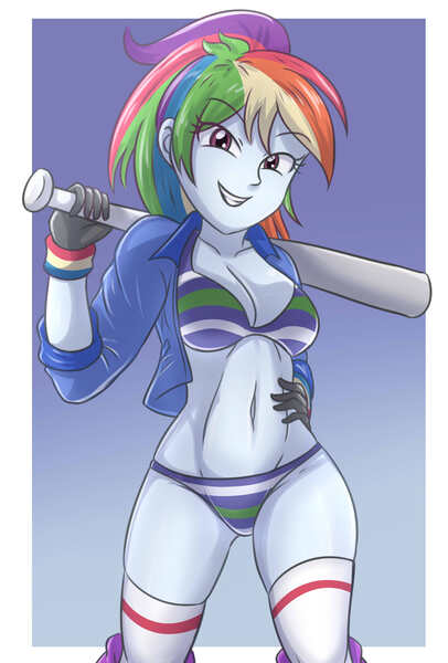 Size: 1862x2750 | Tagged: suggestive, artist:sumin6301, derpibooru import, rainbow dash, human, equestria girls, g4, baseball bat, belly, belly button, bra, breasts, clothes, female, gloves, gradient background, grin, hand on hip, high res, image, jpeg, looking at you, narrowed eyes, panties, ponytail, pose, smiling, smiling at you, socks, solo, solo female, striped bra, striped panties, striped underwear, thighs, underwear, white socks, wristband