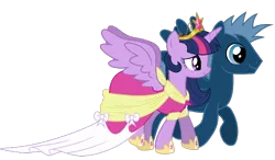 Size: 1000x582 | Tagged: safe, derpibooru import, edit, vector edit, star hunter, twilight sparkle, twilight sparkle (alicorn), alicorn, pegasus, pony, clothes, dress, female, image, male, mare, png, shipping, sparklehunter, spread wings, stallion, straight, vector, walking, wings