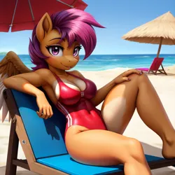 Size: 680x680 | Tagged: safe, ai content, derpibooru import, machine learning generated, prompter:dordrago, scootaloo, anthro, pegasus, g4, beach, belly, belly button, breasts, busty scootaloo, chair, cleavage, clothes, image, looking at you, ocean, older, older scootaloo, one-piece swimsuit, png, sexy, smiling, stupid sexy scootaloo, swimsuit, umbrella, water