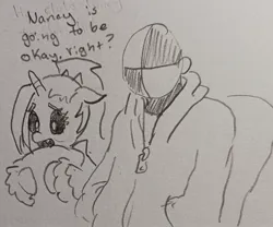 Size: 2115x1760 | Tagged: safe, artist:pony quarantine, derpibooru import, oc, oc:dyx, oc:ponyquarantine, alicorn, human, pony, clothes, dialogue, duo, duo male and female, female, filly, floppy ears, foal, grayscale, hoodie, hug, human male, image, jpeg, male, monochrome, pencil drawing, pillow, pillow hug, traditional art