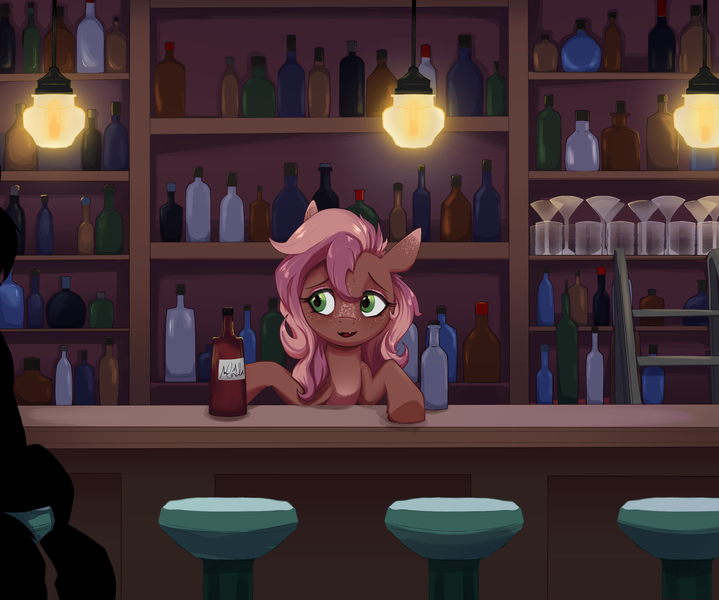 Size: 2000x1669 | Tagged: safe, artist:luxsimx, derpibooru import, oc, oc:serenity nonpareil, unofficial characters only, pony, bar, bar stool, bottle, image, png, solo