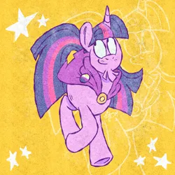 Size: 2000x2000 | Tagged: safe, alternate version, artist:atomicomium, derpibooru import, part of a set, twilight sparkle, pony, unicorn, g4, alternate hairstyle, beard, cloak, clothes, facial hair, goatee, horn, image, mouthpiece, nonbinary, nonbinary pride flag, png, politics, pride, pride flag, purple coat, purple mane, purple tail, screen printing, simple background, solo, strutting, tail, transmasculine, two toned mane