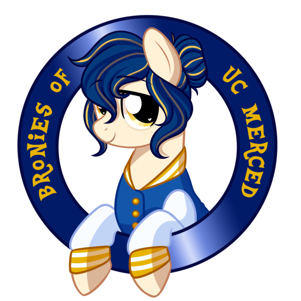 Size: 4000x4000 | Tagged: safe, artist:fannytastical, derpibooru import, oc, oc:snooze button, unofficial characters only, earth pony, pony, g4, bipedal, bronies of uc merced, clothes, colored, earth pony oc, eyebrows, eyebrows visible through hair, female, female oc, hair bun, image, jacket, logo, looking at you, mare, png, simple background, smiling, smiling at you, solo, striped mane, transparent background, uc merced, university of california