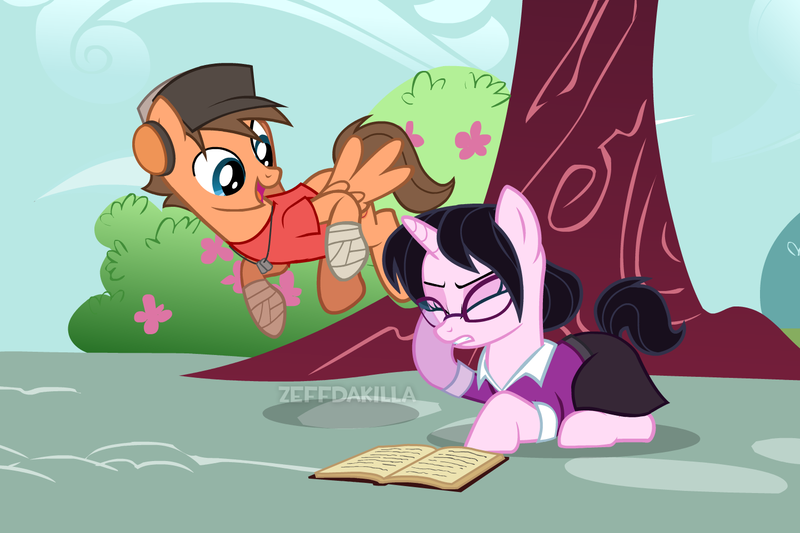 Size: 1500x1000 | Tagged: safe, artist:zeffdakilla, derpibooru import, ponified, pegasus, pony, unicorn, book, bush, flying, headache, horn, image, looking at someone, lying down, miss pauling, png, scout (tf2), smiling, team fortress 2, tree