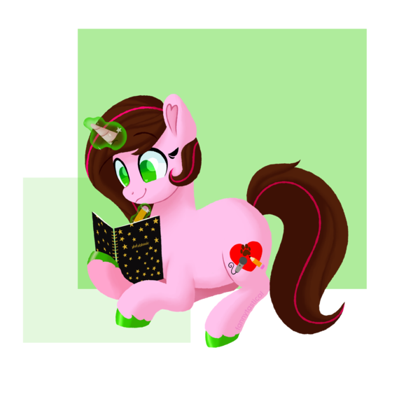 Size: 1750x1750 | Tagged: safe, artist:fannytastical, derpibooru import, oc, pony, unicorn, book, brown mane, bust, colored, colored hooves, commission, commissioner:cookiecakearts, detached eyelashes, drawing, eyebrows, eyebrows visible through hair, female, female oc, full body, glow, glowing horn, green eyes, holding a book, holding a pencil, hoof hold, hooves, horn, image, looking at you, lying down, magic, mare, no pupils, pencil, pink coat, png, prone, shading, sketchbook, solo, telekinesis, unicorn oc