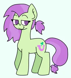 Size: 2165x2370 | Tagged: safe, artist:naggfruit, derpibooru import, oc, oc:lavender charm, unofficial characters only, earth pony, pony, crack ship offspring, earth pony oc, female, image, mare, offspring, parent:marble pie, parent:trouble shoes, parent:troubleshoes clyde, parents:marbleshoes, png, ponytail, raised eyebrows, simple background, solo