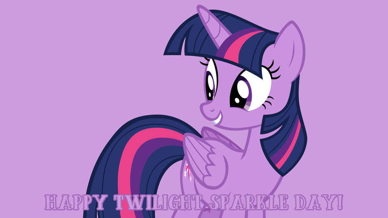 Size: 1920x1080 | Tagged: safe, artist:andoanimalia, derpibooru import, edit, editor:jaredking779, twilight sparkle, twilight sparkle (alicorn), alicorn, pony, g4, female, folded wings, grin, image, jpeg, mare, purple background, simple background, smiling, solo, twilight sparkle day, wings