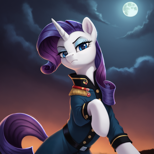 Size: 2048x2048 | Tagged: safe, ai content, derpibooru import, machine learning generated, prompter:lostconn, stable diffusion, rarity, pony, unicorn, g4, blue coat, female, horn, image, looking at you, military, night, png, world war i