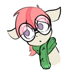 Size: 415x444 | Tagged: safe, artist:maydeospeg, derpibooru import, oc, oc:spritz, unofficial characters only, earth pony, pony, bust, clothes, colored, colt, earth pony oc, foal, glasses, green scarf, image, male, male oc, nerd pony, no pupils, png, portrait, scarf, simple background, solo, white background