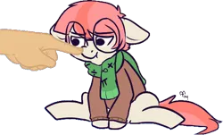 Size: 598x360 | Tagged: safe, artist:mt, derpibooru import, edit, editor:anonymous, oc, oc:spritz, unofficial characters only, earth pony, human, pony, boop, brown sweater, clothes, colored, colt, cropped, duo, earth pony oc, finger, foal, glasses, green scarf, hand, image, male, male oc, nerd pony, png, sad, scarf, simple background, sweater, transparent background