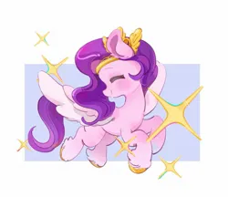 Size: 1899x1641 | Tagged: safe, artist:chonpsk, derpibooru import, pipp petals, pegasus, pony, g5, crown, cute, eyes closed, female, flying, image, jewelry, jpeg, looking back, regalia, simple background, smiling, solo, sparkles, spread wings, wings