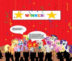 Size: 1600x1361 | Tagged: safe, artist:wesleyabram, derpibooru import, applejack, fluttershy, mayor mare, pinkie pie, princess cadance, princess skyla, rainbow dash, rarity, shining armor, spike, twilight sparkle, twilight sparkle (alicorn), alicorn, dragon, earth pony, pegasus, pony, unicorn, ^^, applejack's hat, aunt and niece, bowtie, cheering, clown, clown makeup, clown nose, clown wig, cowboy hat, eyes closed, father and child, father and daughter, female, filly, foal, freckles, glasses, grin, hat, horn, image, jpeg, looking at each other, looking at someone, male, mane six, mare, mother and child, mother and daughter, necktie, offspring, parent:princess cadance, parent:shining armor, parents:shiningcadance, red curtain, red nose, smiling, smiling at each other, stallion, story included, trophy, winner