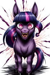 Size: 512x768 | Tagged: semi-grimdark, ai content, derpibooru import, twilight sparkle, earth pony, angry, creepy, image, jpeg, sharp teeth, teeth