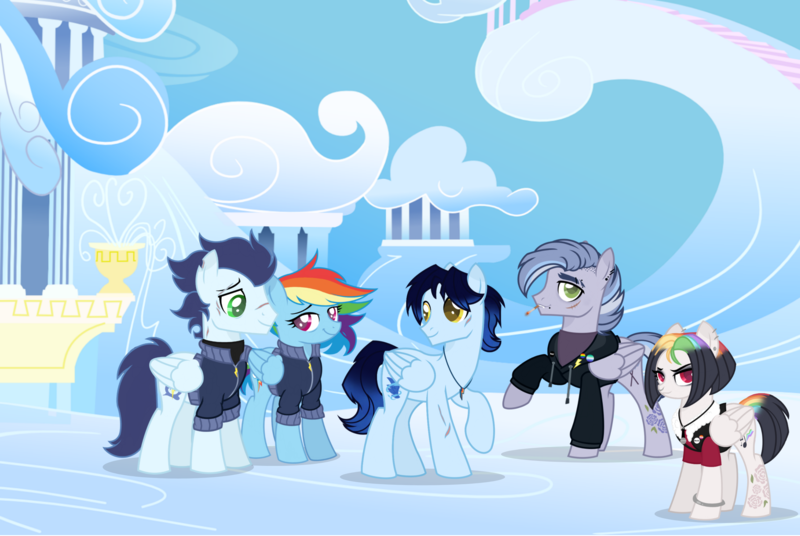 Size: 2715x1820 | Tagged: safe, artist:honeydream1, derpibooru import, rainbow dash, soarin', pegasus, pony, cloudsdale, female, foal, gay pride flag, honeyverse, image, lesbian pride flag, male, offspring, older, older rainbow dash, older soarin', older soarindash, parent:rainbow dash, parent:soarin', parents:soarindash, png, pride, pride flag, shipping, soarindash, straight, transbian pride flag