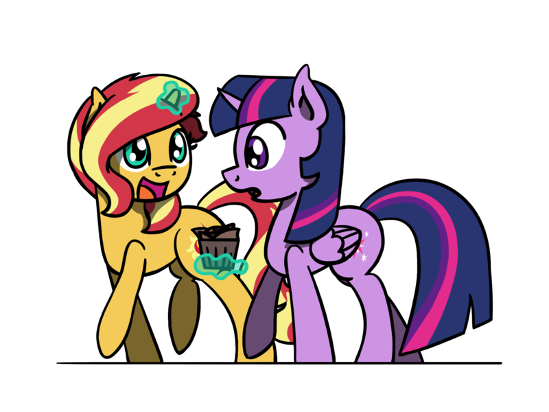 Size: 1800x1350 | Tagged: safe, artist:flutterluv, derpibooru import, sunset shimmer, twilight sparkle, twilight sparkle (alicorn), alicorn, pony, unicorn, g4, duo, food, horn, image, magic, magic aura, png, simple background, smiling, telekinesis, transparent background, twilight sparkle day