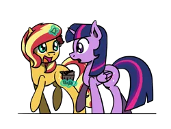 Size: 1800x1350 | Tagged: safe, artist:flutterluv, derpibooru import, sunset shimmer, twilight sparkle, twilight sparkle (alicorn), alicorn, pony, unicorn, g4, duo, food, horn, image, magic, magic aura, png, simple background, smiling, telekinesis, transparent background, twilight sparkle day