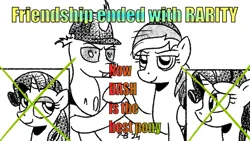 Size: 1200x675 | Tagged: safe, artist:pony-berserker, derpibooru import, rainbow dash, rarity, oc, oc:berzie, changedling, changeling, changedling oc, changeling oc, friendship ended with x, image, meme reference, partial color, png, pony-berserker's twitter sketches, pony-berserker's twitter sketches (2024)