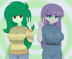 Size: 2726x2273 | Tagged: safe, artist:batipin, derpibooru import, maud pie, wallflower blush, human, equestria girls, g4, 2d, adorasexy, bangs, belly, belly button, breasts, busty maud pie, busty wallflower blush, clothes, cute, denim, duo, duo female, eyebrows, eyebrows visible through hair, eyeshadow, female, freckles, image, jeans, long sleeves, looking at you, makeup, maudabetes, messy hair, pants, peace sign, png, sexy, short sleeves, smiling, smiling at you, straight hair, sweater, waist belt