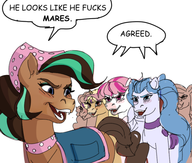 Size: 670x567 | Tagged: artist needed, safe, derpibooru import, horse, pony, bailey (wild manes), candi (wild manes), cocoa (wild manes), dialogue, female, image, mare, meme, open mouth, perla (wild manes), png, saddle, speech bubble, tack, wild manes