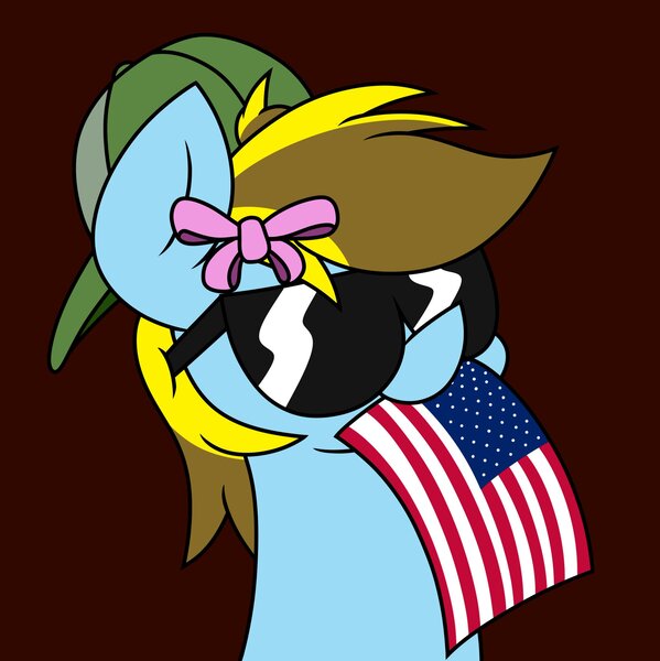 Size: 2046x2048 | Tagged: safe, artist:derpyalex2, derpibooru import, oc, oc:lucky bolt, unofficial characters only, pegasus, pony, 20% cooler, american flag, american independence day, backwards ballcap, baseball cap, bow, bust, cap, commission, cool, female, flag, hair bow, hat, image, jpeg, portrait, proud, simple background, solo, sunglasses, united states