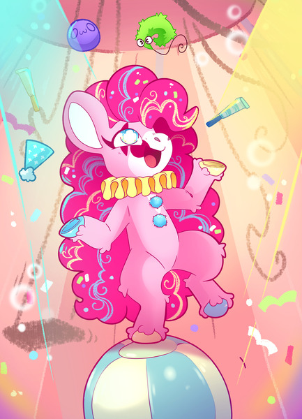 Size: 4226x5852 | Tagged: safe, artist:cutepencilcase, derpibooru import, pinkie pie, earth pony, pony, g4, absurd resolution, ball, bubble, clown, clown makeup, image, jpeg, juggling, smiling, solo, standing, standing on one leg