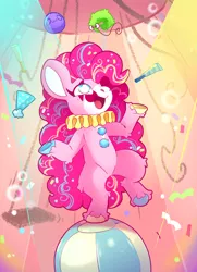 Size: 4226x5852 | Tagged: safe, artist:cutepencilcase, derpibooru import, pinkie pie, earth pony, pony, g4, absurd resolution, ball, bubble, clown, clown makeup, image, jpeg, juggling, smiling, solo, standing, standing on one leg