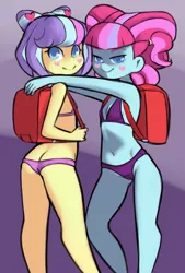 Size: 1153x1706 | Tagged: suggestive, artist:drantyno, banned from derpibooru, ponerpics import, ponybooru import, kiwi lollipop, supernova zap, equestria girls, backpack, child, clothes, female, females only, image, lolicon, png, underage, underwear, young, younger