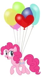 Size: 3000x5700 | Tagged: safe, artist:ohitison, derpibooru import, pinkie pie, earth pony, pony, g4, it's about time, balloon, female, floating, heart, heart balloon, image, looking to the right, mare, open mouth, png, sideways glance, simple background, solo, then watch her balloons lift her up to the sky, transparent background, vector