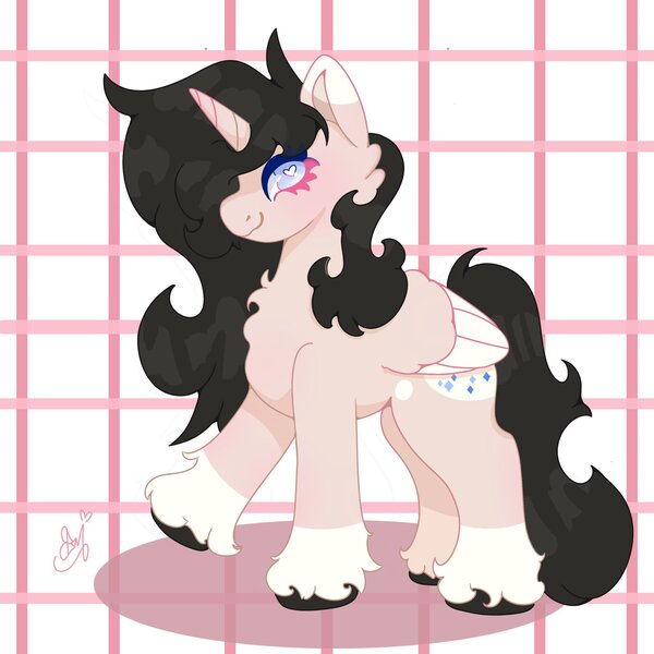 Size: 2048x2048 | Tagged: safe, artist:honeystash, derpibooru import, oc, oc:bejewelled clouddust, unofficial characters only, alicorn, pony, g4, alicorn oc, black hair, blue eyes, blushing, chest fluff, cream coat, fetlock tuft, full body, gift art, hooves, horn, image, jpeg, ponysona, simple background, solo, wings