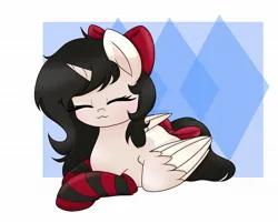 Size: 2048x1645 | Tagged: safe, artist:mimicharmony, derpibooru import, oc, oc:bejewelled clouddust, unofficial characters only, alicorn, pony, alicorn oc, black hair, bow, clothes, eyes closed, hair bow, horn, image, jpeg, leg warmers, lying down, ponysona, red bow, socks, solo, striped socks, wings